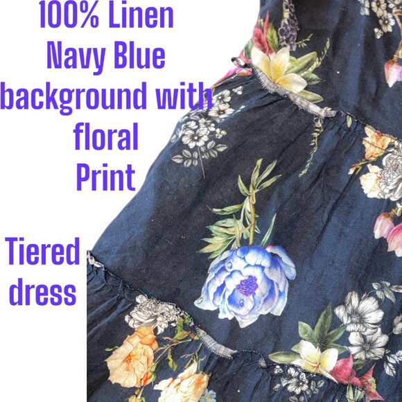 Le Ragazze Women's Boho Flowy Tiered Navy Linen Floral Dress Italy S - Picture 3 of 8
